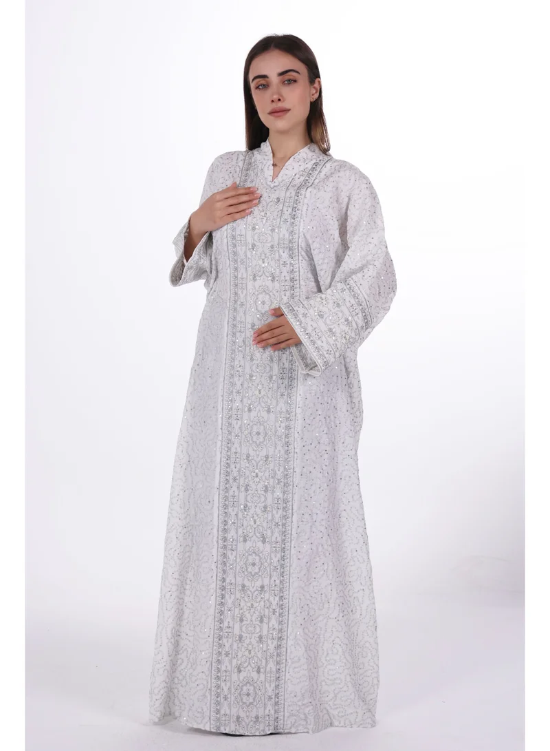 AL BENT AL SHARQIEH white Embroidered Linen Jalabiya dress with unvisible belt for Women | Best Price UAE